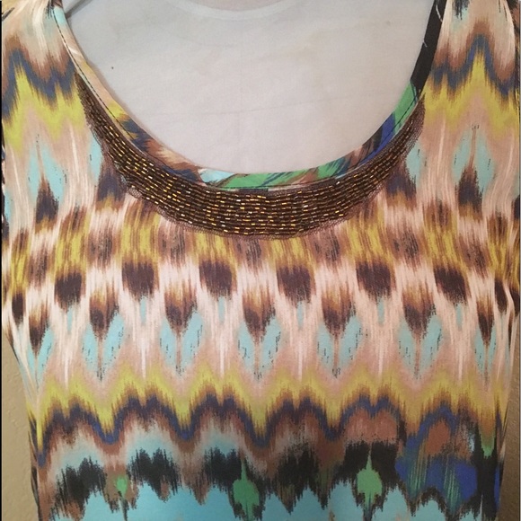 Status Beaded Front Abstract Print Semi Sheer Top - Picture 2 of 6